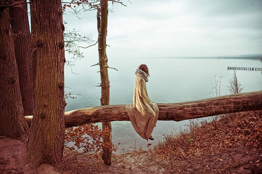 woman sitting on tree log facing at body of water, woman sitting on wood trunk near lae