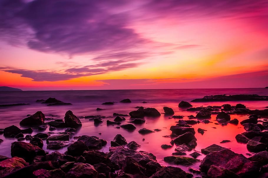 brown stones on ocean, turkey, sunset, dusk, sky, clouds, beautiful, HD wallpaper