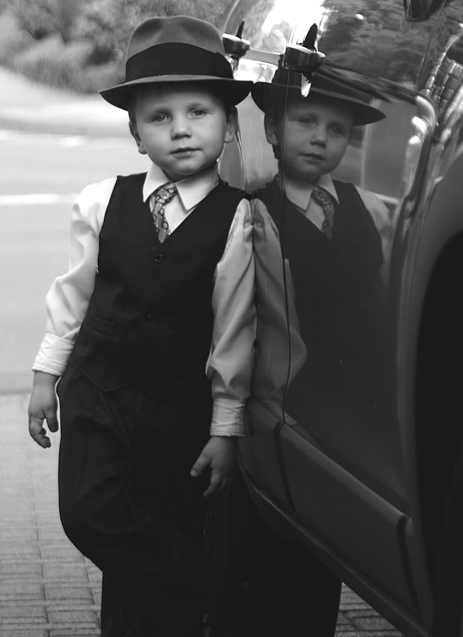 grayscale photography of boy in dress shirt with vest and fedora hat leaning on car, HD wallpaper
