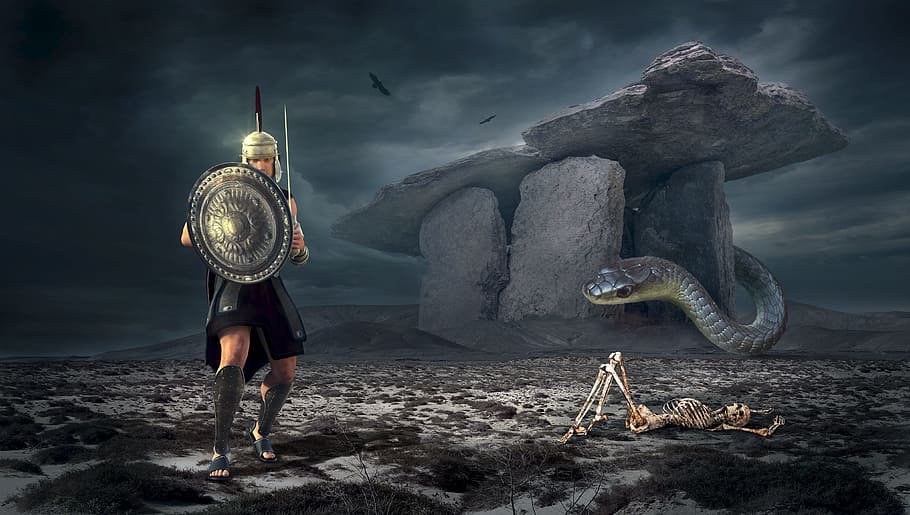 spartan and anaconda digital wallpaper, fantasy, warrior, mystical