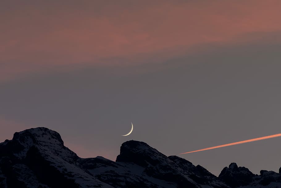 photo of black boulder and crescent moon, snow covered mountain under half-moon and white sky HD wallpaper