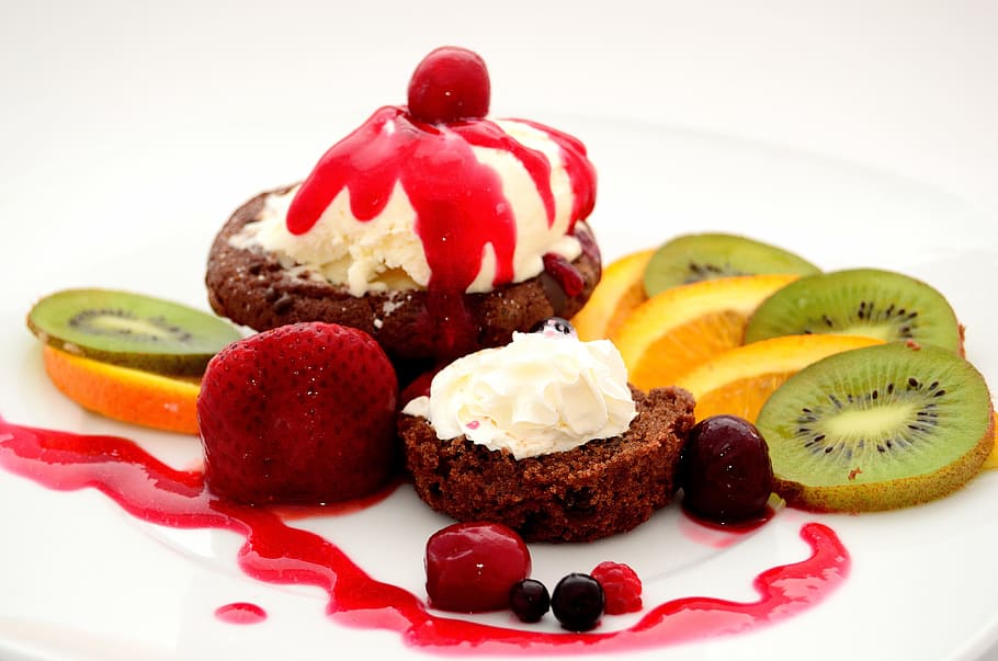 cookies with sliced kiwi and orange, fruits, dessert, ice cream HD wallpaper