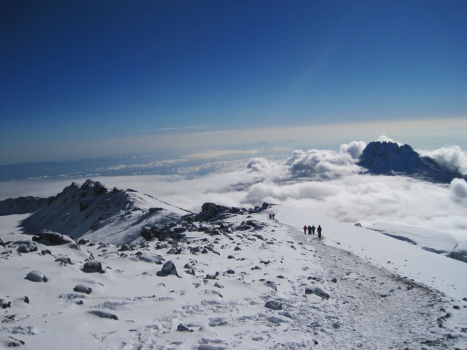 four people walking near snow field, kilimanjaro, mount, volcano, HD wallpaper