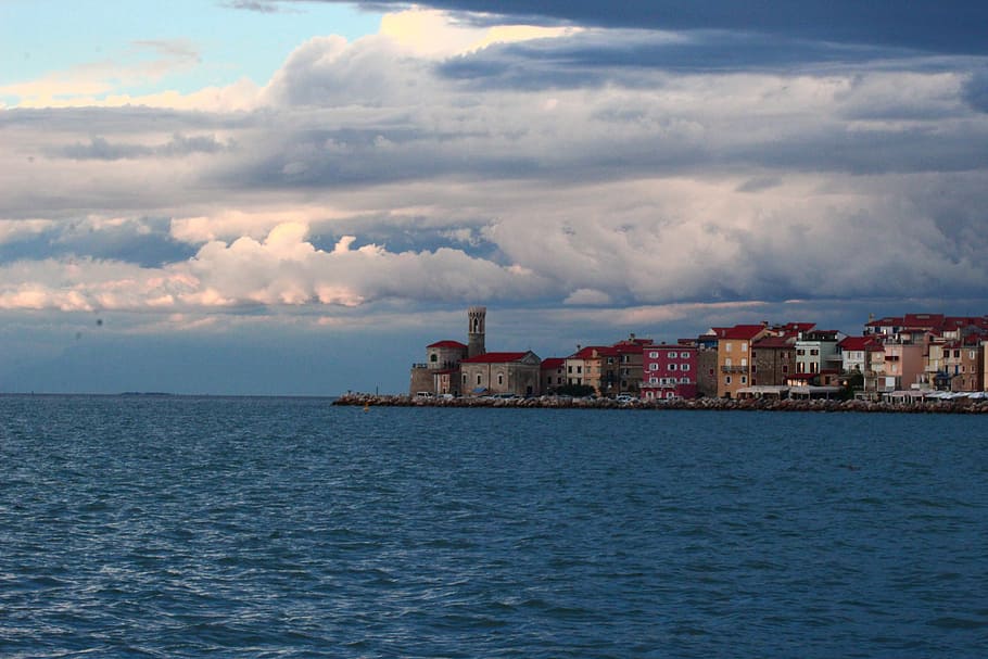 sea, piran, clouds, water, lake, landscape, architecture, europe HD wallpaper