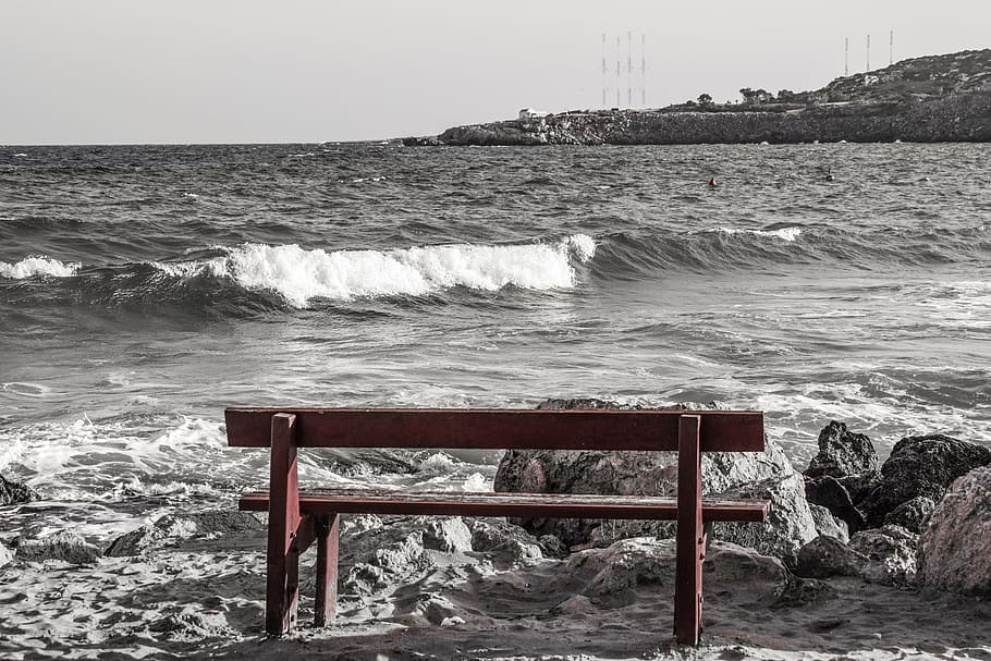 Bench, Beach, Sea, Waves, Scenery, winter, konnos bay, cyprus HD wallpaper