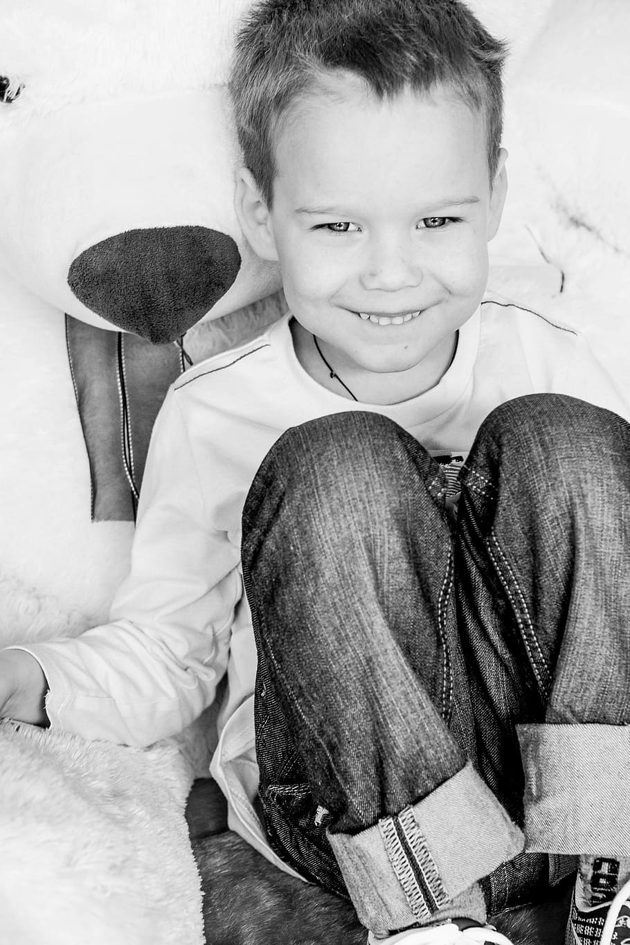 little, boy, baby, smile, sotting, black And White, child, people