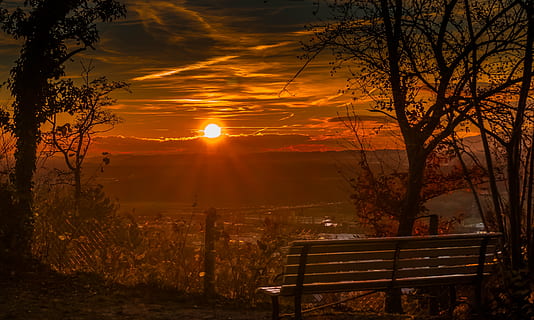 photogaphy of brown wooden bench while sunset, wow, background HD wallpaper