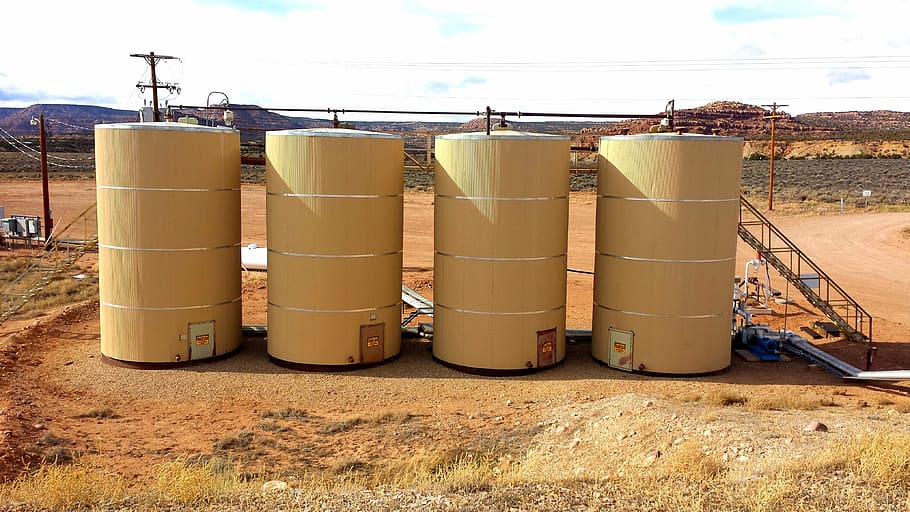 tanks, industry, refinery, silos, dessert, dirt, sky, nature HD wallpaper