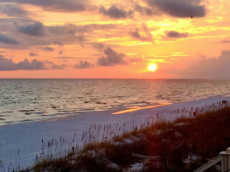 sunset, beach, ocean, water, sand, destine, florida, waves, HD wallpaper