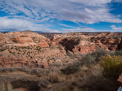 Brown Grasses on Desert, canyon, cliffs, clouds, daylight, dry HD wallpaper