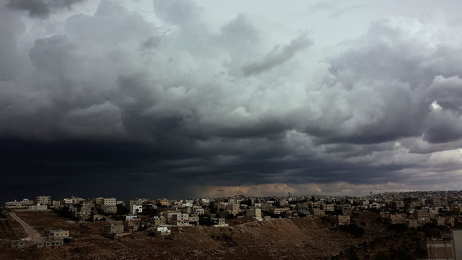 high-rise buildings under gray clouds, overcast, storm, town HD wallpaper