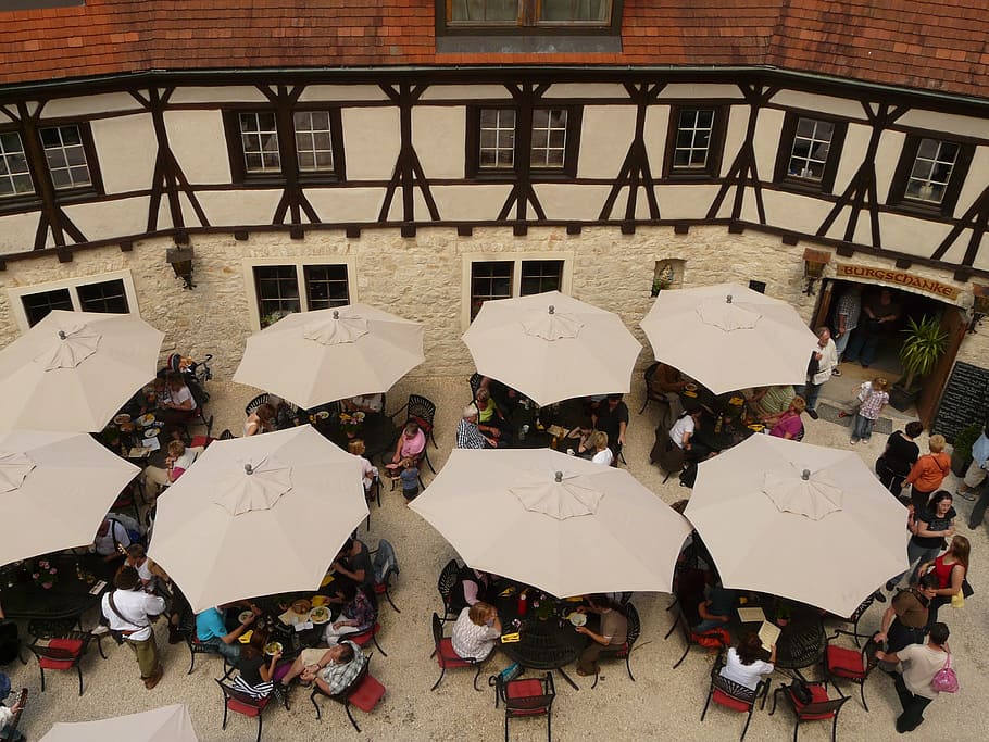 castle tavern, donjon, screen, parasols, eat, gasthof, restaurant HD wallpaper