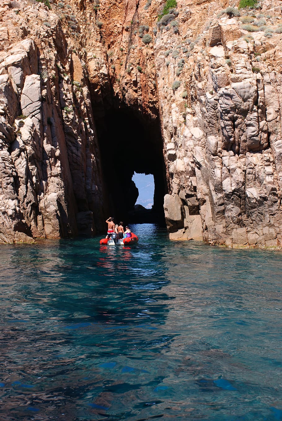 shore, cave, sea, cliff, coast, mediterranean, boat, corsica HD wallpaper