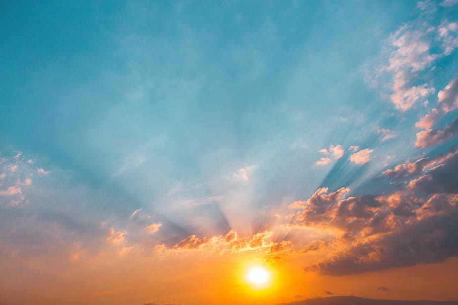 landscape photo of sunrise, sunrays and gray clouds, sunset, orange HD wallpaper