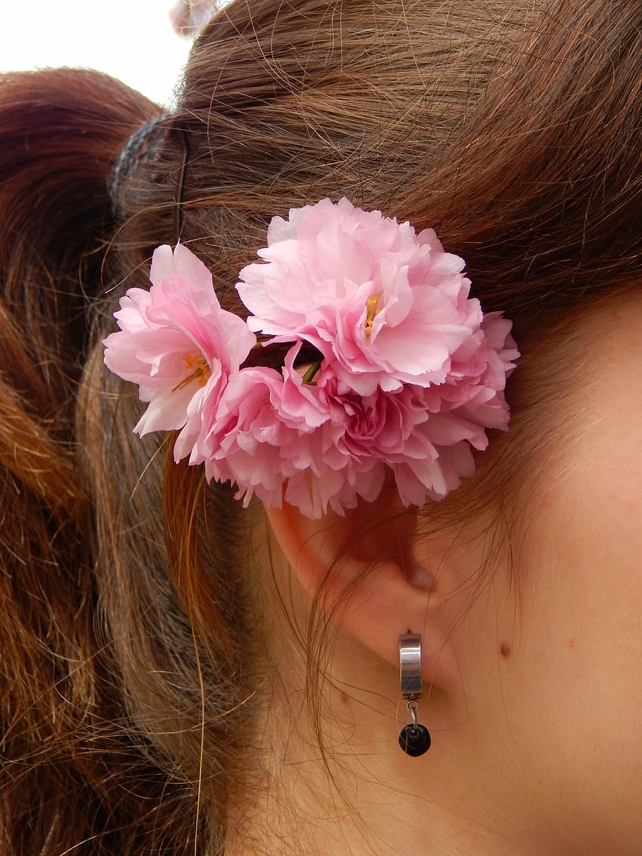 head, flower, spring, pink, women, beauty, females, human Face HD wallpaper