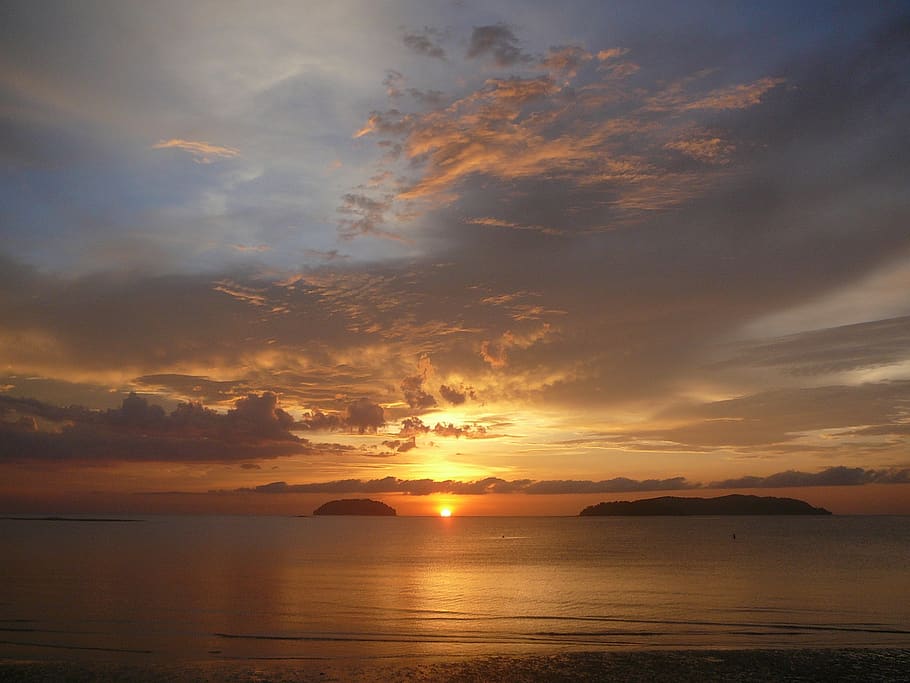 sunset, borneo, water, beach, summer, ocean, cloud, asia, dusk, HD wallpaper