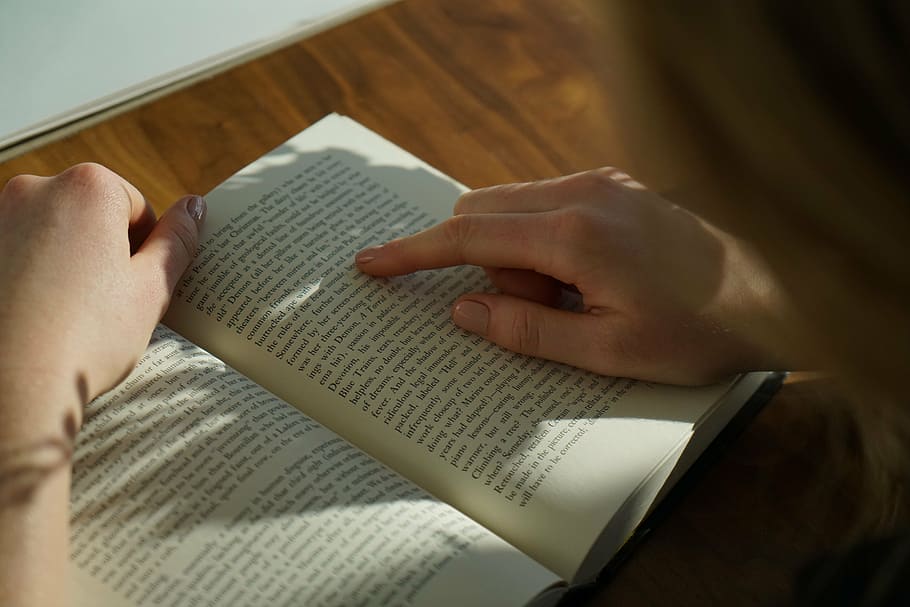 person reading a book, people, hand, point, table, study, human Hand HD wallpaper