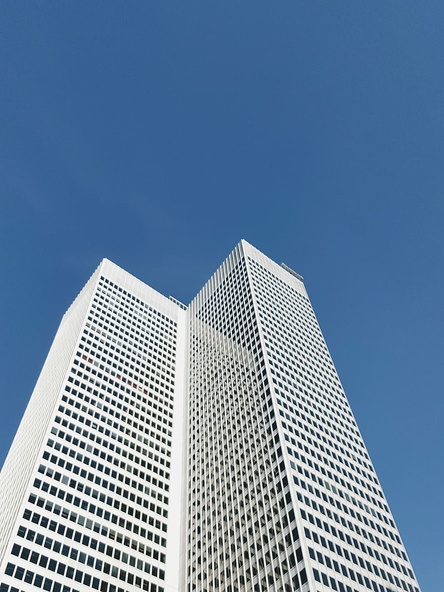 worm's eye view of white building, city, skyscraper, downtown HD wallpaper