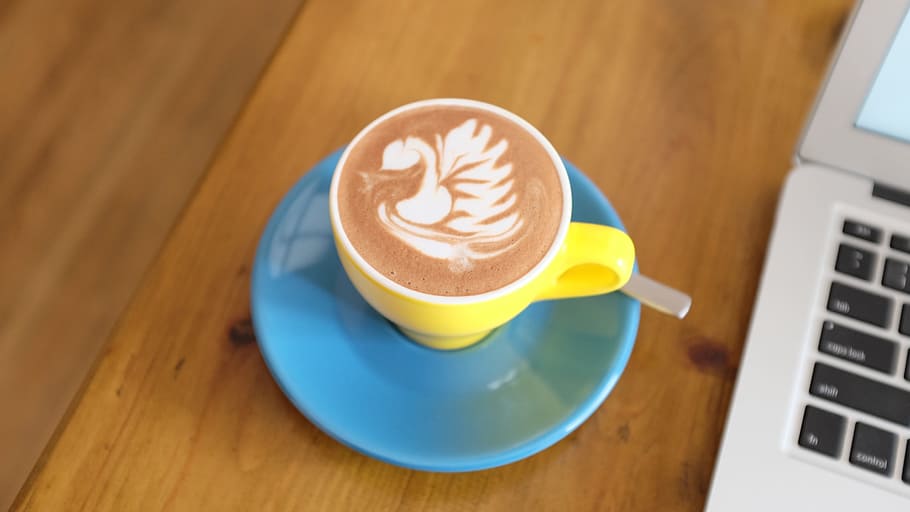 teacup with cappuccino on table, coffee, espresso, laptop computer HD wallpaper