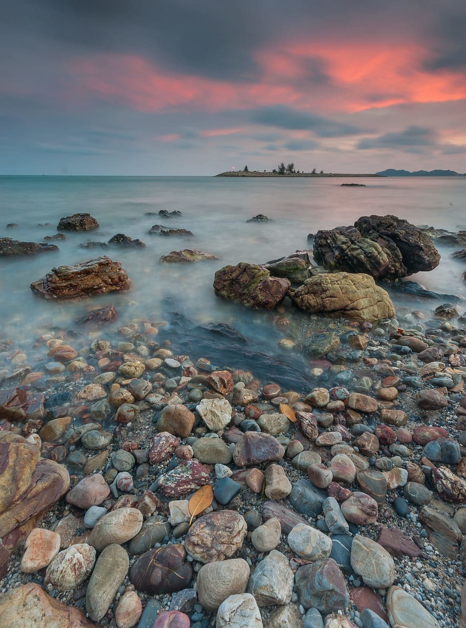 sea, dawn, landscape, nature, beach, close-up, clouds, dusk, island HD wallpaper