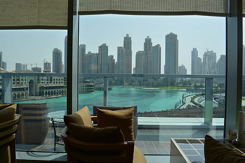 view of high-rise buildings inside room, cafe, dubai, arab HD wallpaper