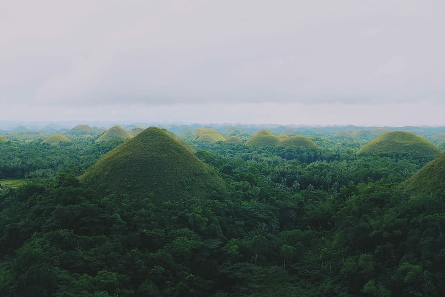 Chocolate Hills, Philippines, green mountains, tree, sky, beauty in nature