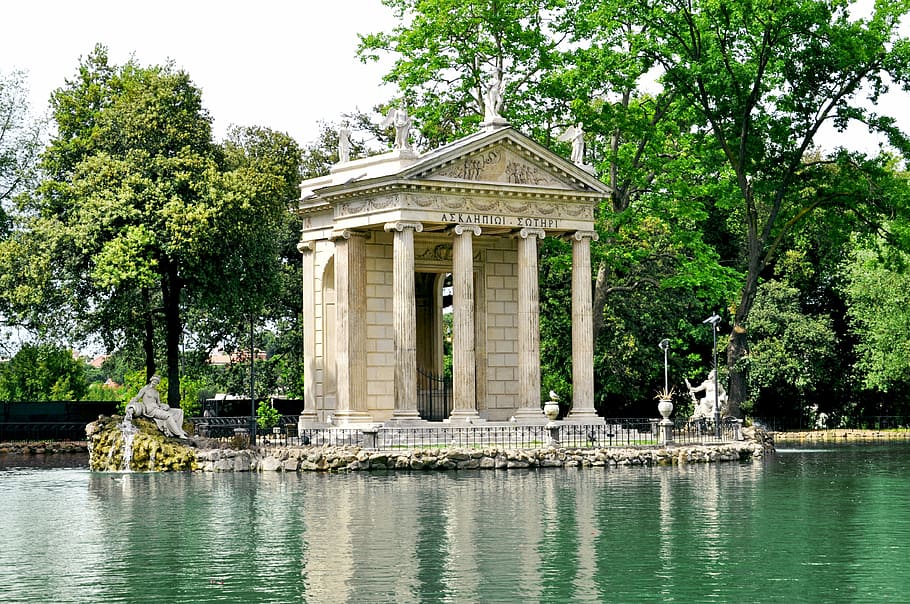 building beside body of water, villa borghese, rome, italy, architecture