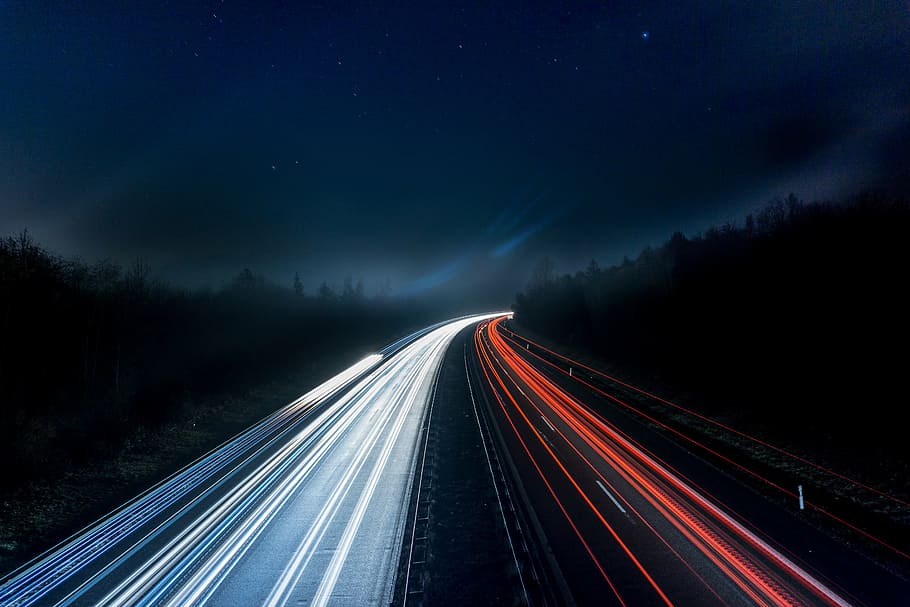 long exposure photography of traffic, highway, lights, night
