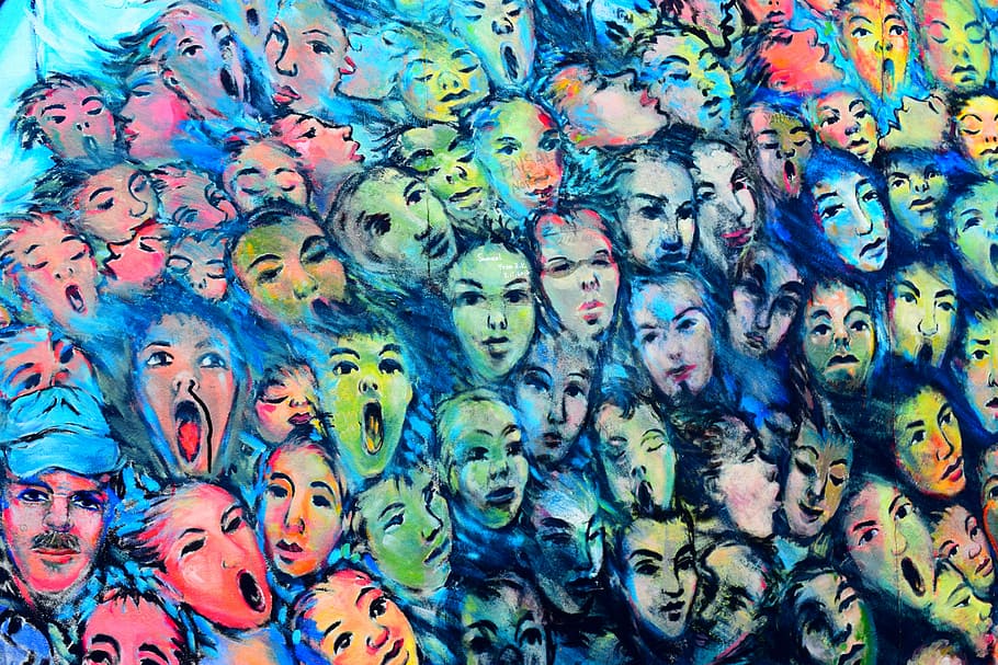 face collage painting, berlin, wall, east, west, multi Colored, HD wallpaper