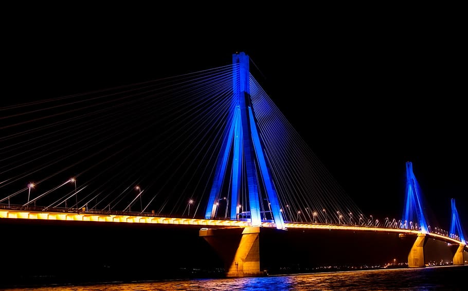 Petras, Greece, Bridge, Architecture, bay, harbor, night, evening HD wallpaper