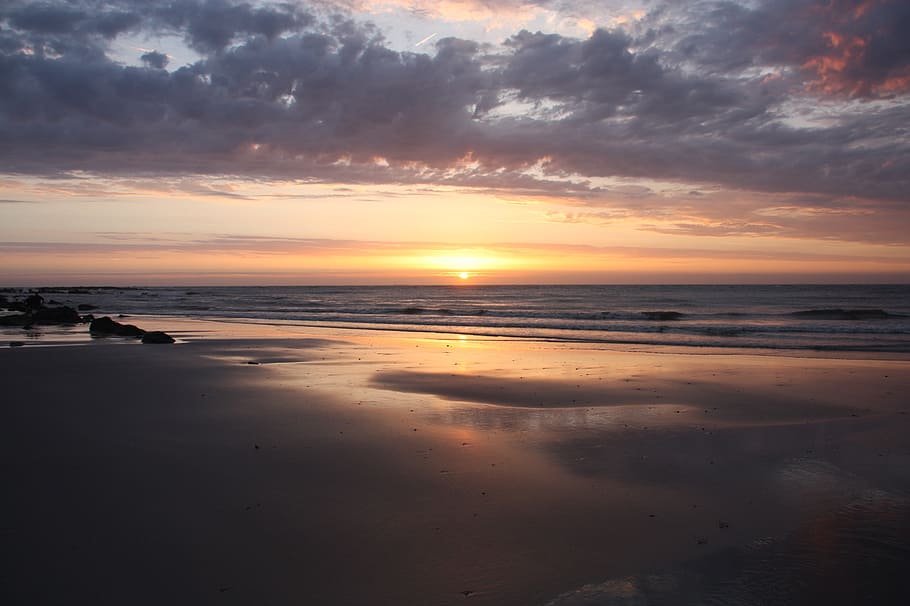 sea, beach, sunset, clouds, holiday, sky, cloud - sky, water HD wallpaper