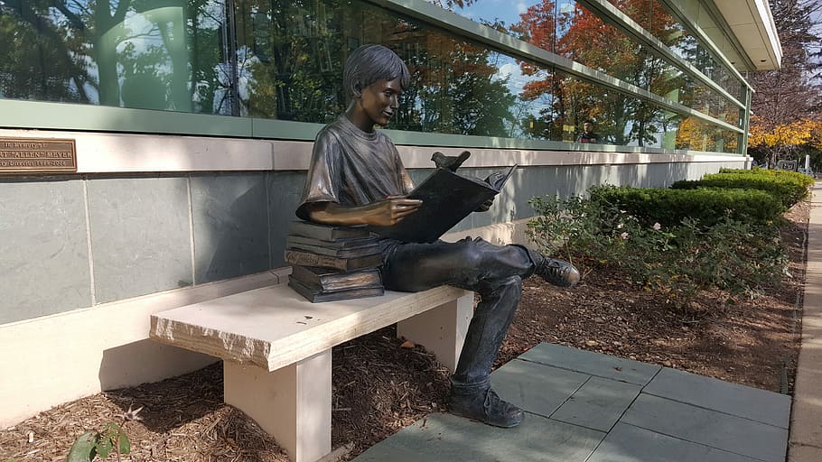 Book, Library, Bench, pamâtkik, boy, reading, day, one person HD wallpaper