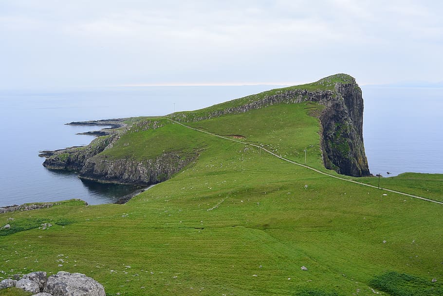 Ocean, Landscape, cliff, green, green color, grass, nature HD wallpaper