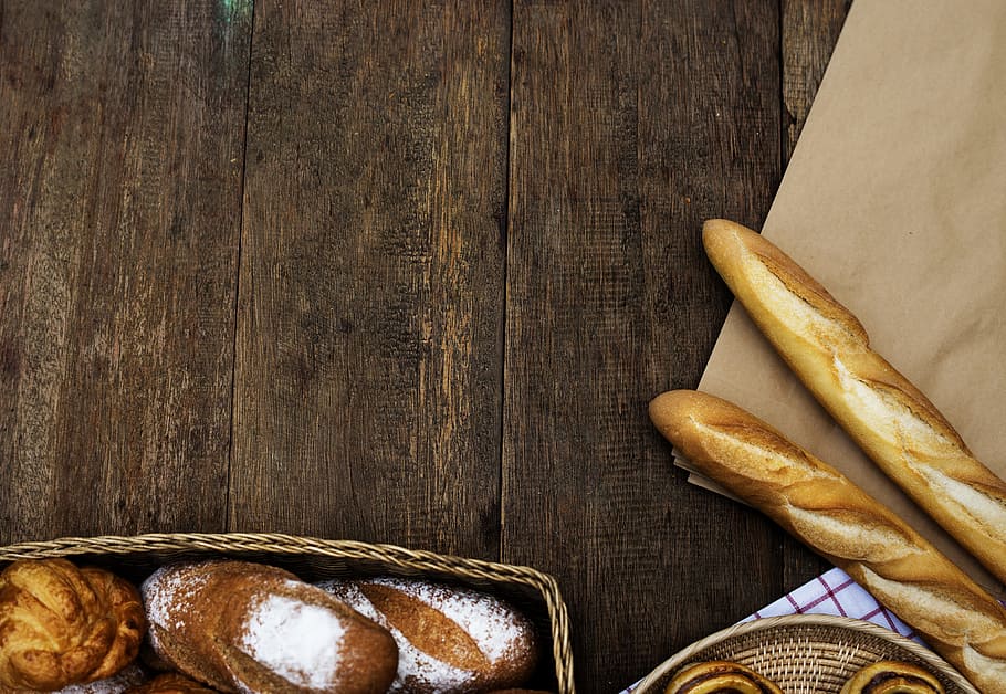 Stick Breads on Wooden Plank, baguette, bake, baked, bakery, basket