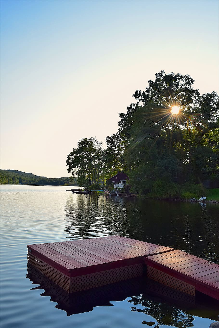 dock, lake, sunny, tree, sunlight, water, nature, landscape HD wallpaper