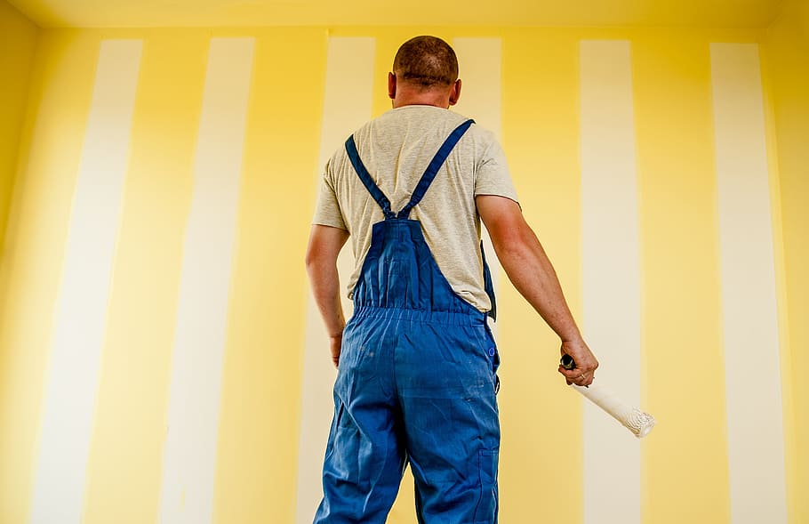 man in blue dungaree pants, building, painter, painting, strips HD wallpaper