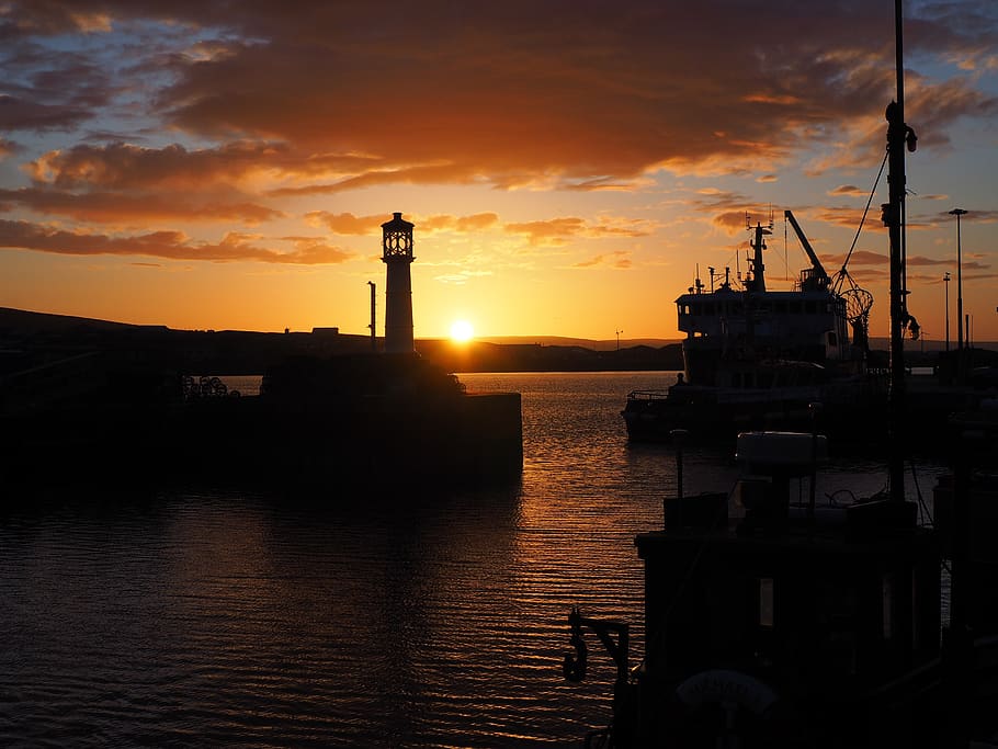 sunset, lighthouse, port, sea, sky, water, nautical vessel HD wallpaper