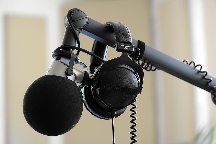black headphoens on studio microphone, headphones, equipment HD wallpaper