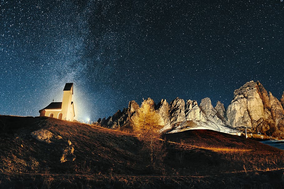 Little Church under a Starry Sky, white and brown concrete building near rock formation HD wallpaper
