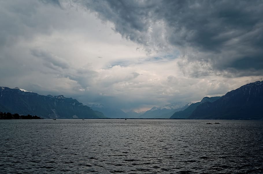geneva, lake, lac, leman, water, clouds, mountains, blue, lutry