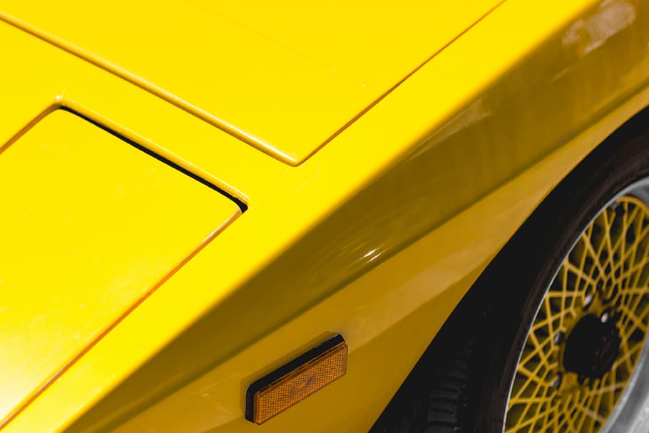 yellow car, close up photography of yellow car, wheel, rim, headlight HD wallpaper