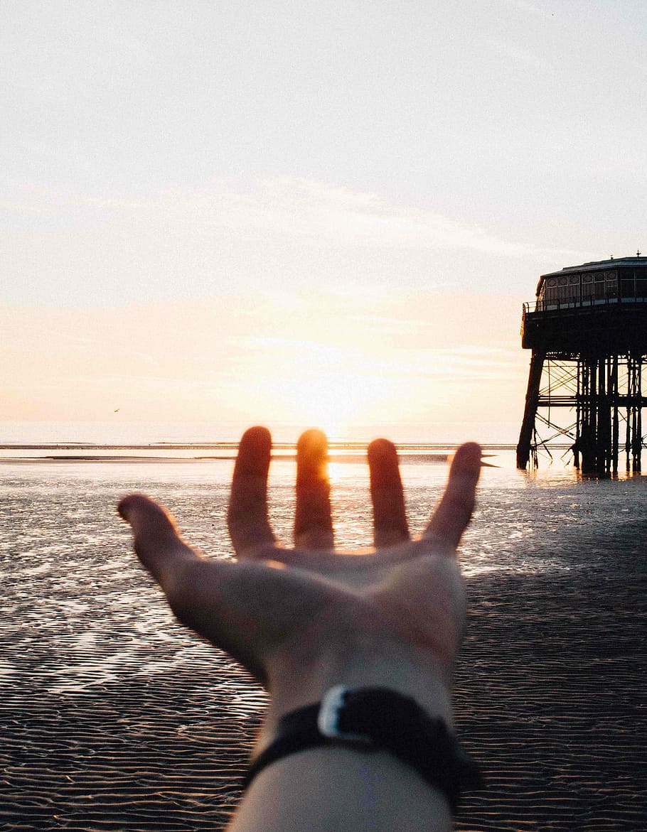 person showing left hand near body of water, photo of man's hand over sunset HD wallpaper