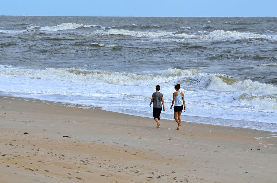 people, walking, beach, ocean, surf, waves, leisure activity HD wallpaper
