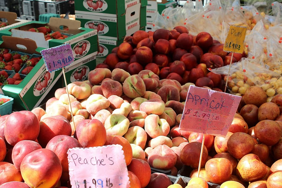peaches, apricots, plums, nectarines, strawberries, fruit, farmers market HD wallpaper