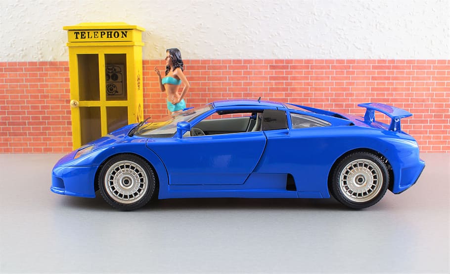 Model Car, Bugatti, Auto, oldtimer, toys, sports car, blue HD wallpaper