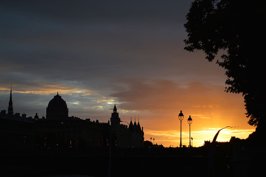 paris, backlight, sunset, city, sky, building exterior, silhouette HD wallpaper