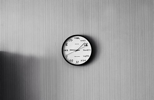 white analog wall clock at 9:08, round, black, trigonometry HD wallpaper
