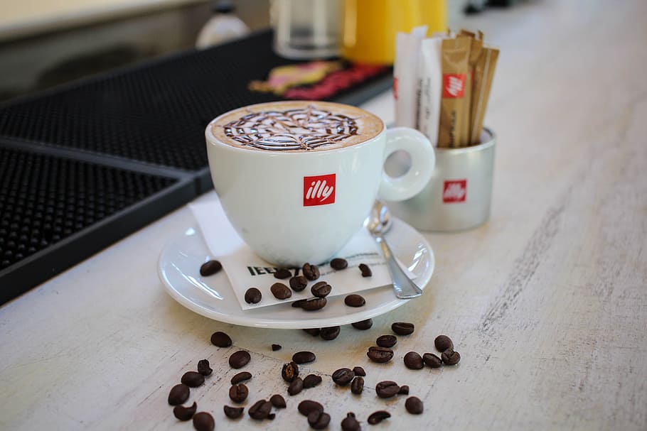 wood, beans, caffeine, coffee, close-up, coffee beans, coffee cup HD wallpaper