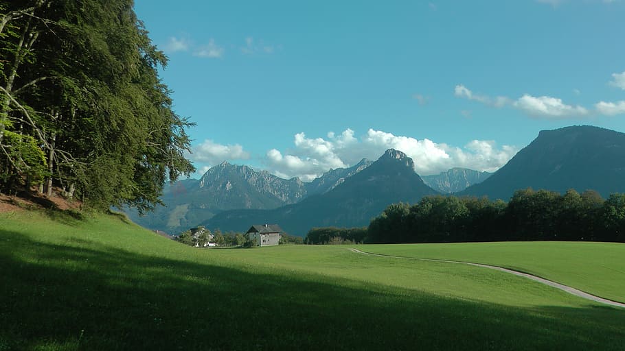 alpine landscape, meadow, mountains, light, shadow, grass, nature HD wallpaper