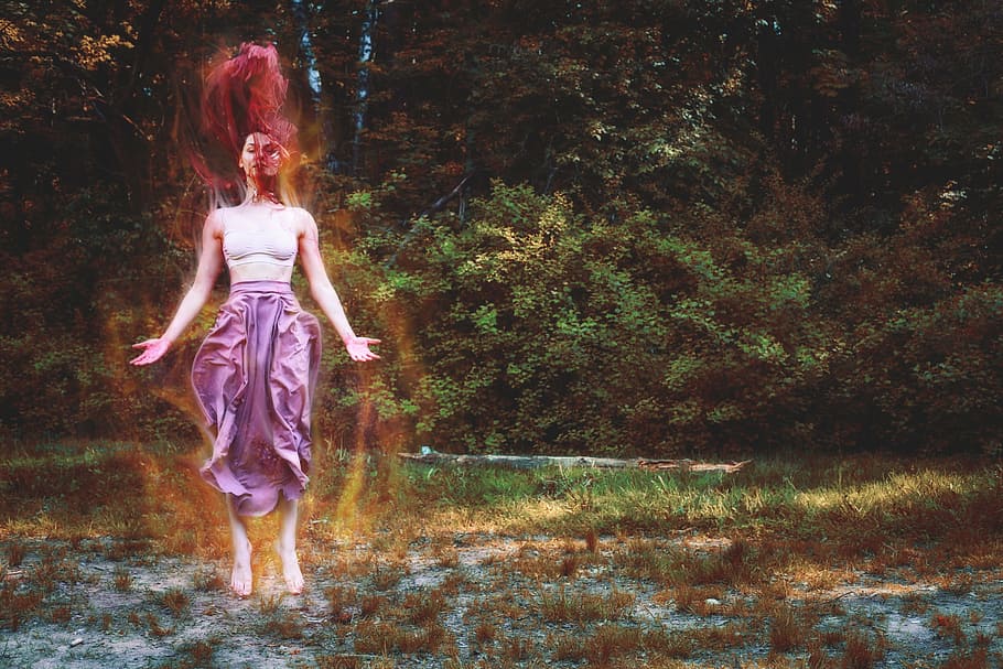 woman with red aura photography, fire, witch, girl, jumping HD wallpaper